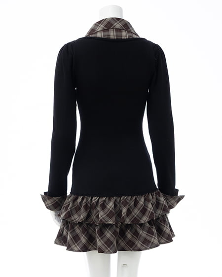 INGNI(イング) チェックシャツドッキング長袖ニットワンピース クロ/ブラウンチェック