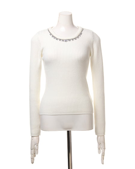 INGNI（イング） 衿ビジューリブニット長袖 ｵﾌﾎﾜｲﾄ