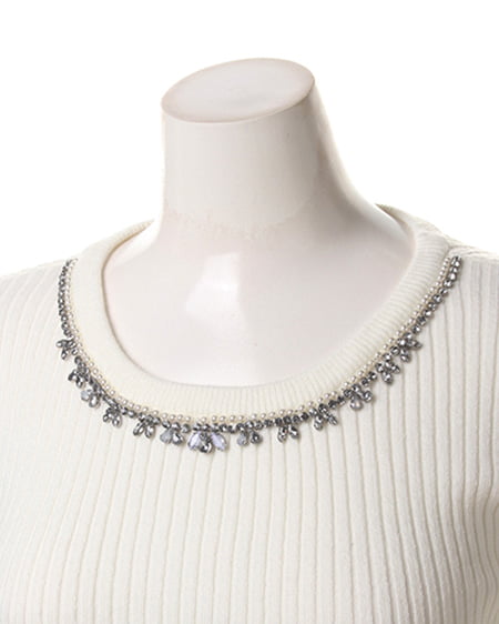 INGNI（イング） 衿ビジューリブニット長袖 ｵﾌﾎﾜｲﾄ