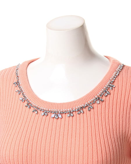 INGNI（イング） 衿ビジューリブニット長袖 ﾋﾟﾝｸ/ｵﾚﾝｼﾞ