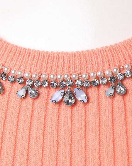 INGNI（イング） 衿ビジューリブニット長袖 ﾋﾟﾝｸ/ｵﾚﾝｼﾞ