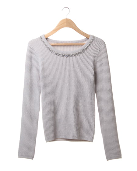 INGNI(イング) 衿ビジューリブニット長袖 ｸﾞﾚｰ