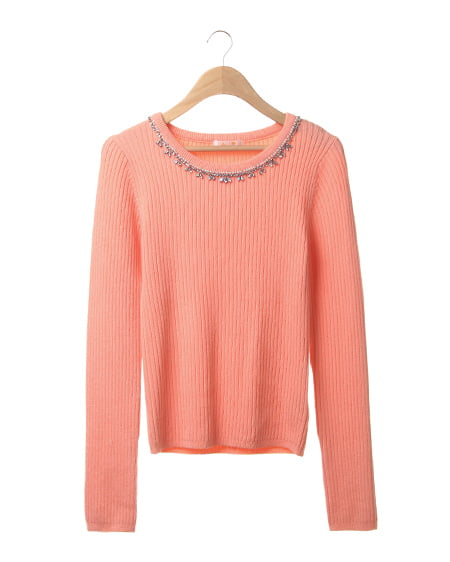 INGNI(イング) 衿ビジューリブニット長袖 ﾋﾟﾝｸ/ｵﾚﾝｼﾞ