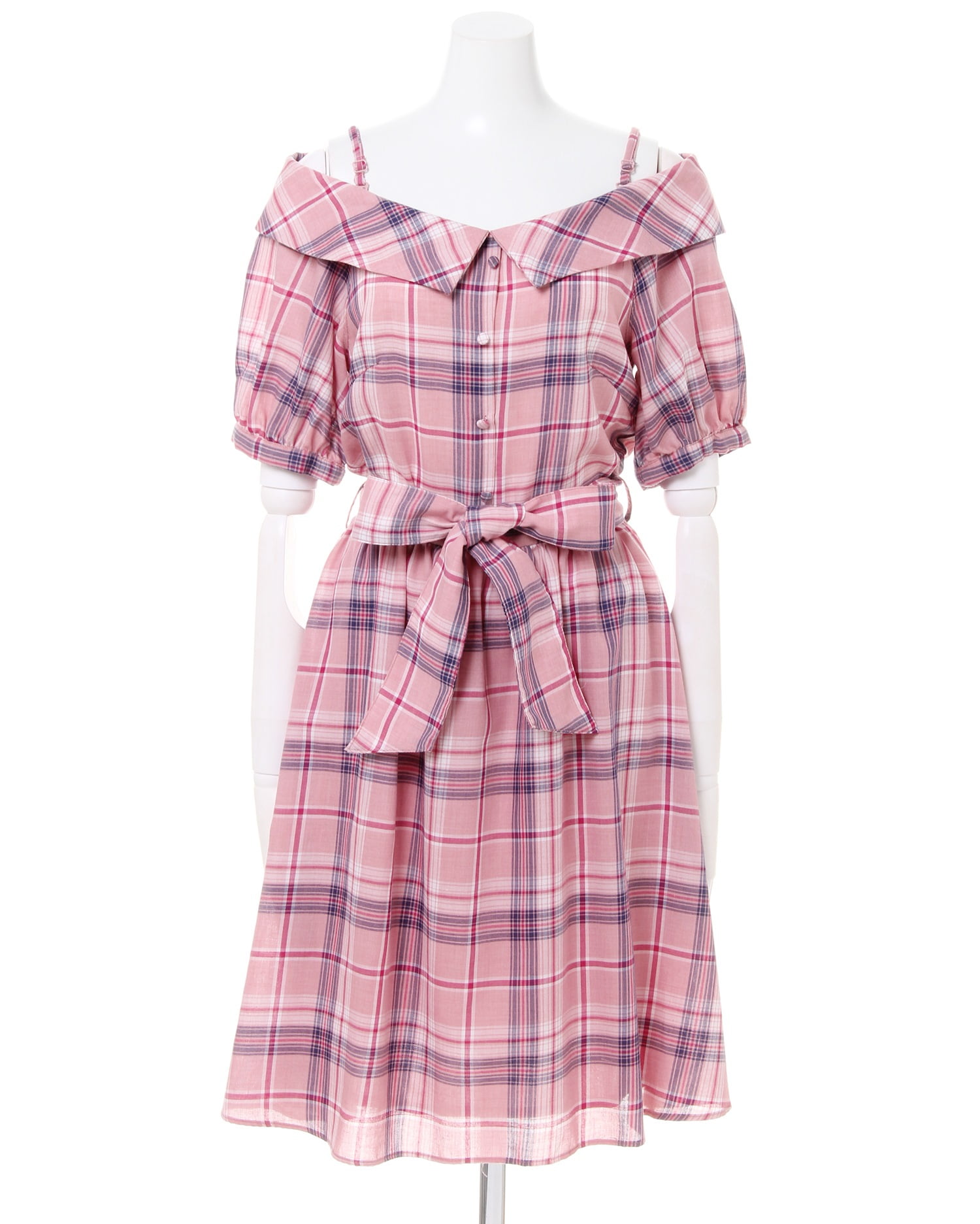 ピンクとホワイトのチェック柄シャツワンピース