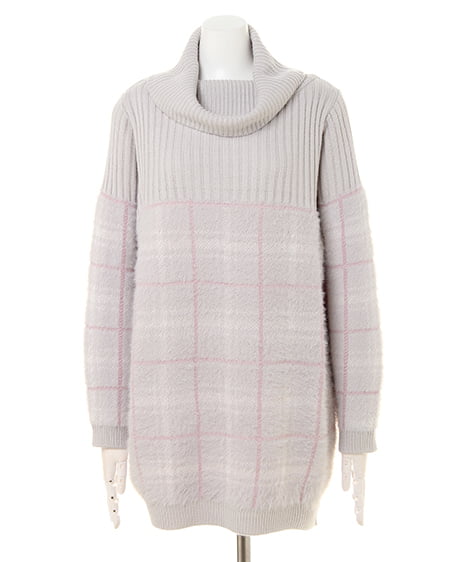 INGNI（イング） チェック切替オフタートル／チュニックニット ｸﾞﾚｰ