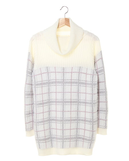 INGNI(イング) チェック切替オフタートル／チュニックニット ｵﾌﾎﾜｲﾄ
