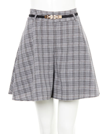 ベルト付きチェック柄フレアキュロットパンツ