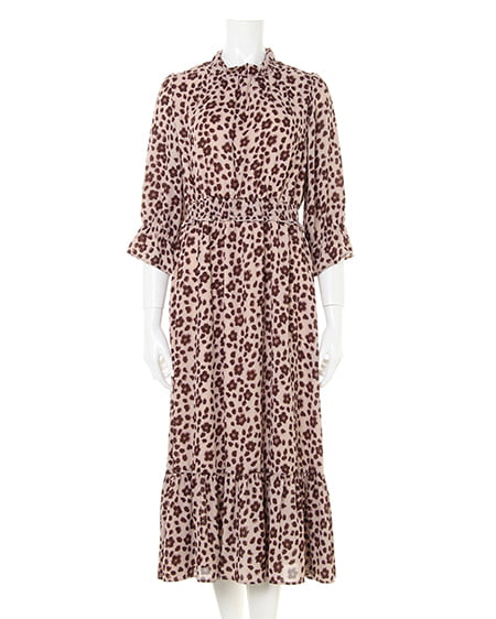 ハイネック／ヒョウ柄マキシワンピース