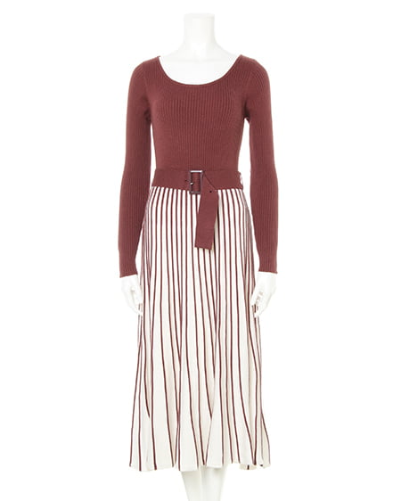 ベルト付プリーツ／ニットワンピース