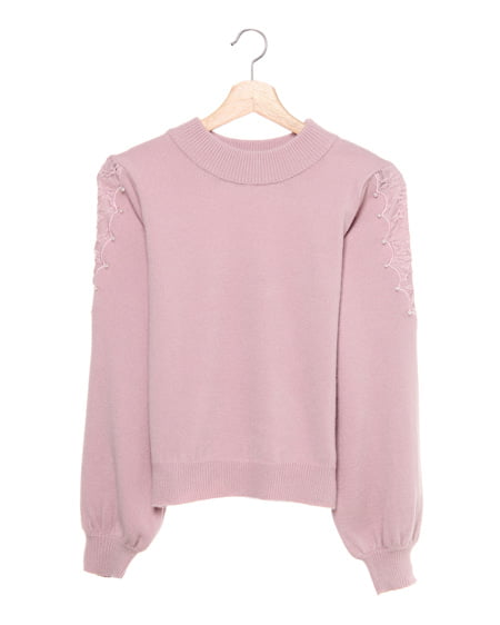 肩パールレースニット