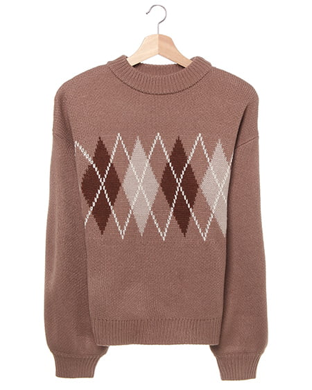 allamanda(アラマンダ) モックネックアーガイル／ニット モカ/ピンク