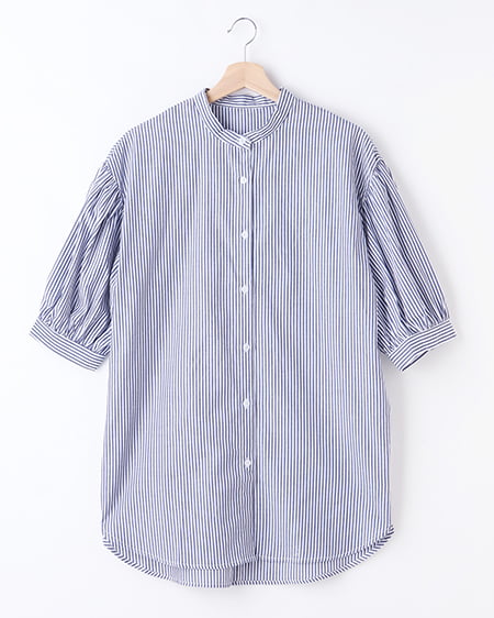 【WEB限定】バンドカラーストライプ7分袖／シャツ