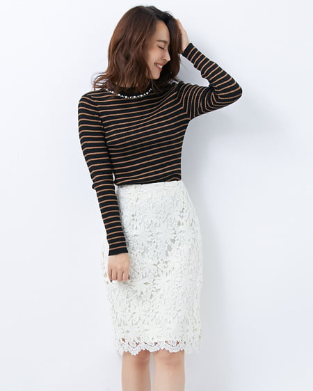 INGNI(イング) リブニットxレースタイトスカート／SET／B ｸﾛ/ｵﾌﾎﾜｲﾄ