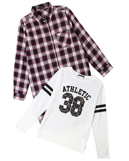 INGNI(イング) ロングチェックシャツ＋ナンバリングロゴロングTシャツ／SET ｺﾝ/ｵﾌﾎﾜｲﾄ