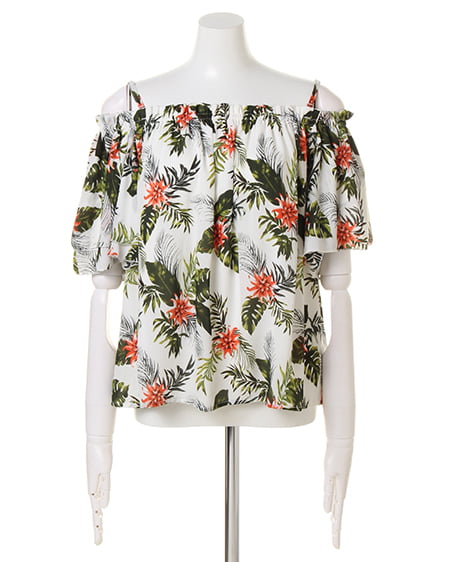 INGNI（イング） リーフ柄オフショル＋サッシュ付パンツ／SET ｵﾌﾎﾜｲﾄ