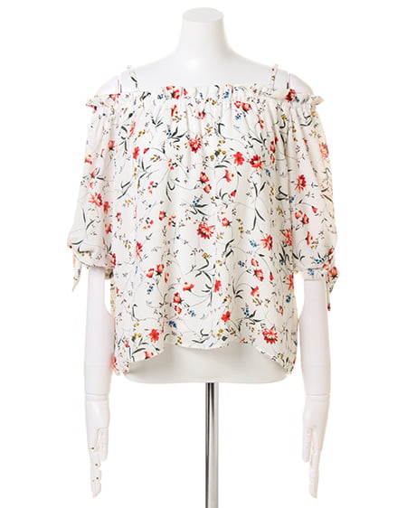 INGNI（イング） 花柄袖リボン＋前ボタン台形スカート／SET ｵﾌﾎﾜｲﾄ