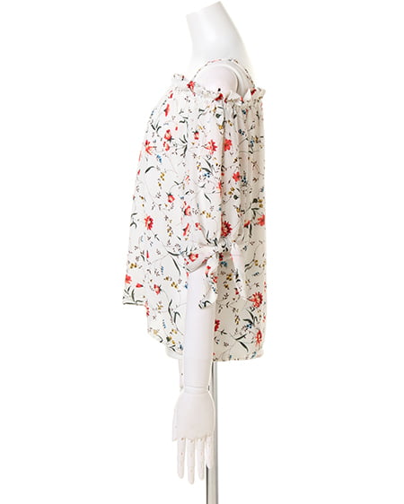 INGNI（イング） 花柄袖リボン＋前ボタン台形スカート／SET ｵﾌﾎﾜｲﾄ