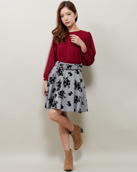 INGNI(イング) 袖ドットチュール8分袖TOPS＋花柄フロッキースカート／SET ボルドー