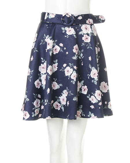 INGNI（イング） 装飾クルーネックニット＋ベルト付花柄スカート／SET ｵﾌﾎﾜｲﾄ