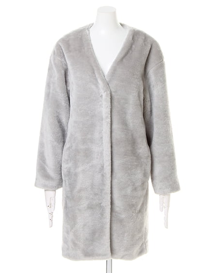 INGNI（イング） ノーカラーフェイクファーコート＋リブニットA／SET ｸﾞﾚｰ