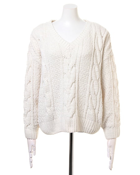 INGNI（イング） モールケーブルVネックニット＋ベルト付ガウチョパンツ／SET ｵﾌﾎﾜｲﾄ