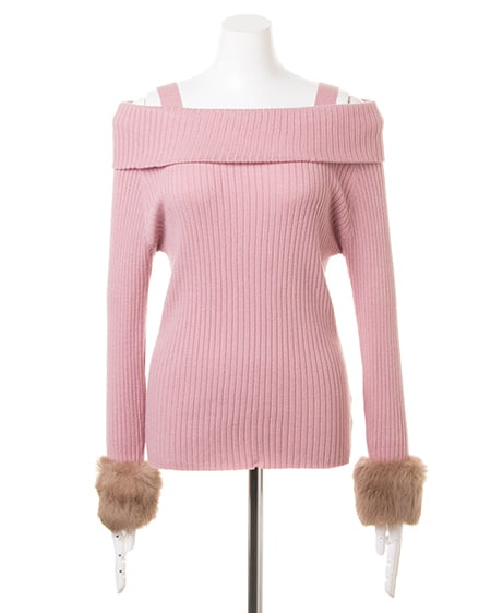 INGNI（イング） 袖ファーオフショルリブニット＋ベルト付台形スカート／SET ｽﾓｰｸﾋﾟﾝｸ