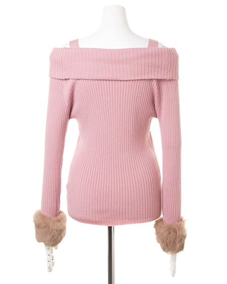 INGNI（イング） 袖ファーオフショルリブニット＋ベルト付台形スカート／SET ｽﾓｰｸﾋﾟﾝｸ