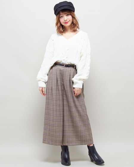 ケーブルニット＋ベルト付グレンチェックパンツ／SET