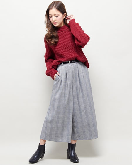 ケーブルニット＋ベルト付チェックパンツ／SET
