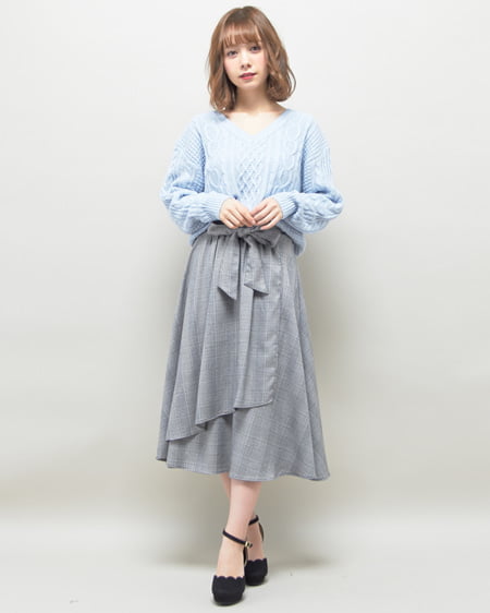 INGNI(イング) Vネックニット＋グレンチェックスカート／SET サックス/B