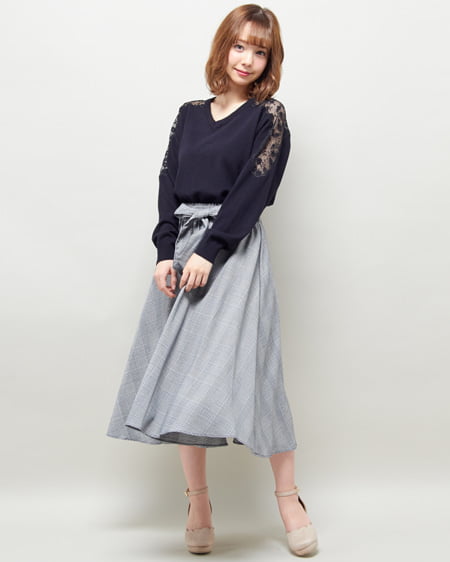 INGNI(イング) 肩レースニット＋チェック柄スカート／SET クロ