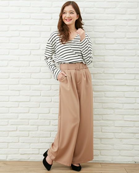 【3／19までの限定販売セット】Vネックボーダートップス＋ベルト付ワイドパンツ／SET