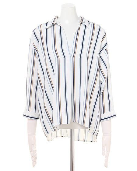 INGNI（イング） ストライプスキッパーシャツ＋ガウチョパンツ／SET ｵﾌﾎﾜｲﾄ/ｻｯｸｽ