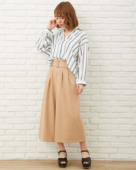 INGNI(イング) ストライプスキッパーシャツ＋ガウチョパンツ／SET ｵﾌﾎﾜｲﾄ/ｻｯｸｽ