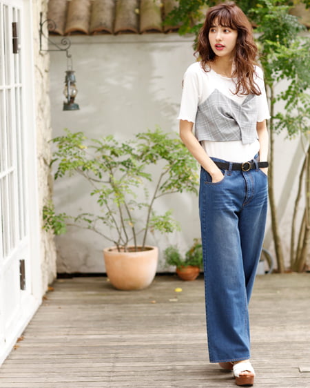 INGNI(イング) ビスチェレイヤードトップス＋デニムパンツ／SET グレー