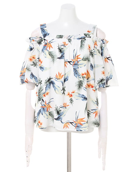 INGNI(イング) リーフ柄オフショル+台形スカート/SET オフホワイト