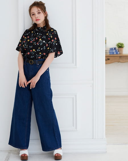 INGNI(イング) 花柄ハイネックトップス＋デニムワイドパンツ／SET クロ