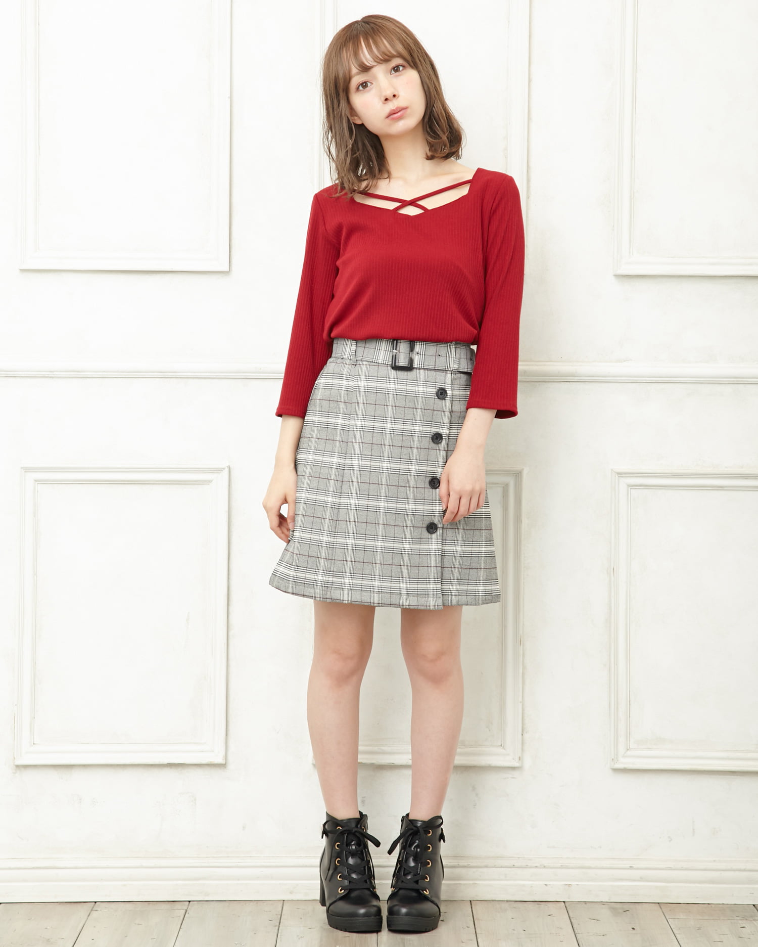 フロントクロストップス＋チェック柄台形スカート／SET｜INGNI(イング