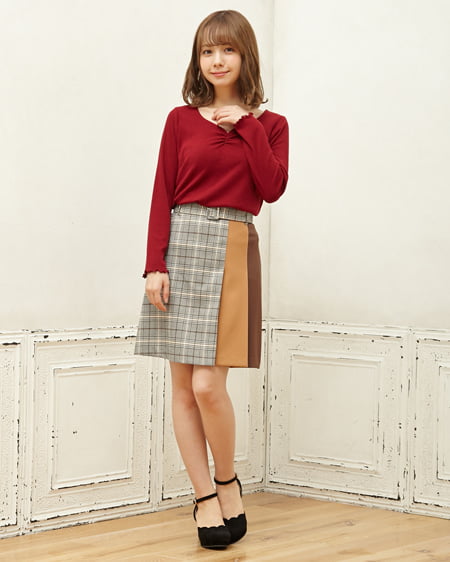 INGNI(イング) ハートネックトップス＋配色チェックスカート／SET ボルドー