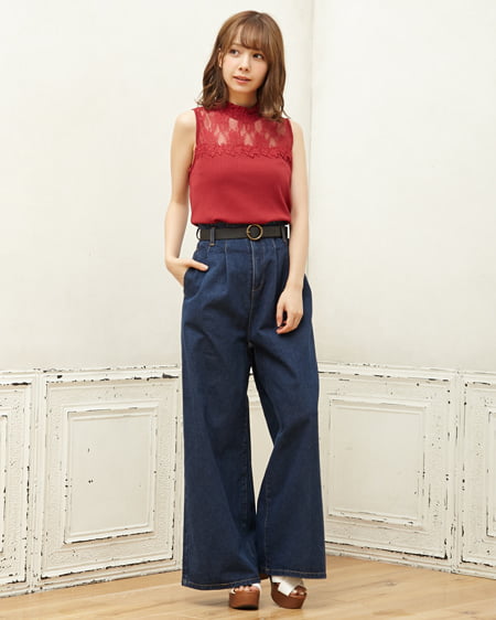 INGNI(イング) ヨークシアーノースリトップス＋デニムワイドパンツ／SET ボルドー