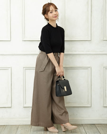 INGNI(イング) フリルハイネックトップス＋グレンチェックワイドパンツ／SET クロ