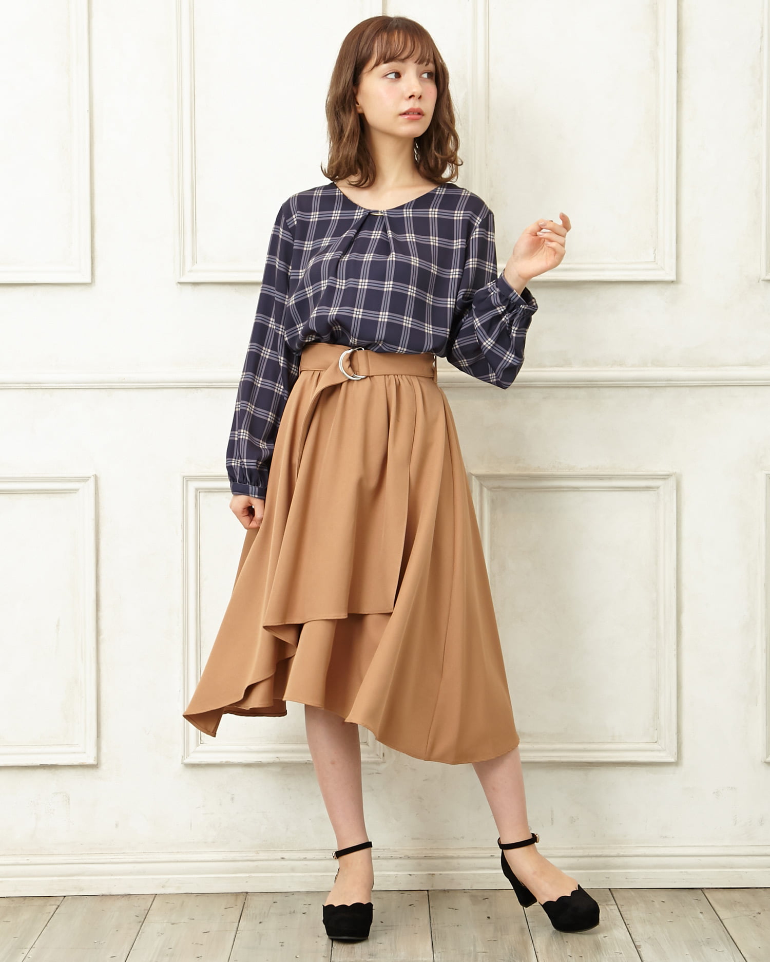 チェック柄ブラウス＋ラップミディスカート／SET｜INGNI(イング) 公式