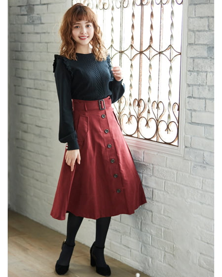 INGNI(イング) フリルケーブルニット＋ピーチミディスカート／SET ｸﾛ