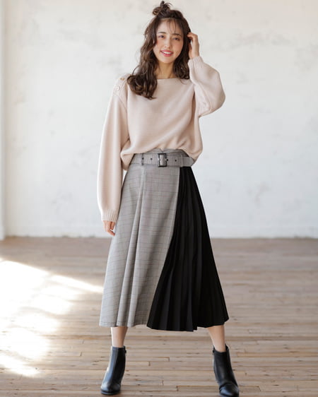 INGNI(イング) ボートネックニット＋配色チェック柄スカート／SET ﾍﾞｰｼﾞｭ