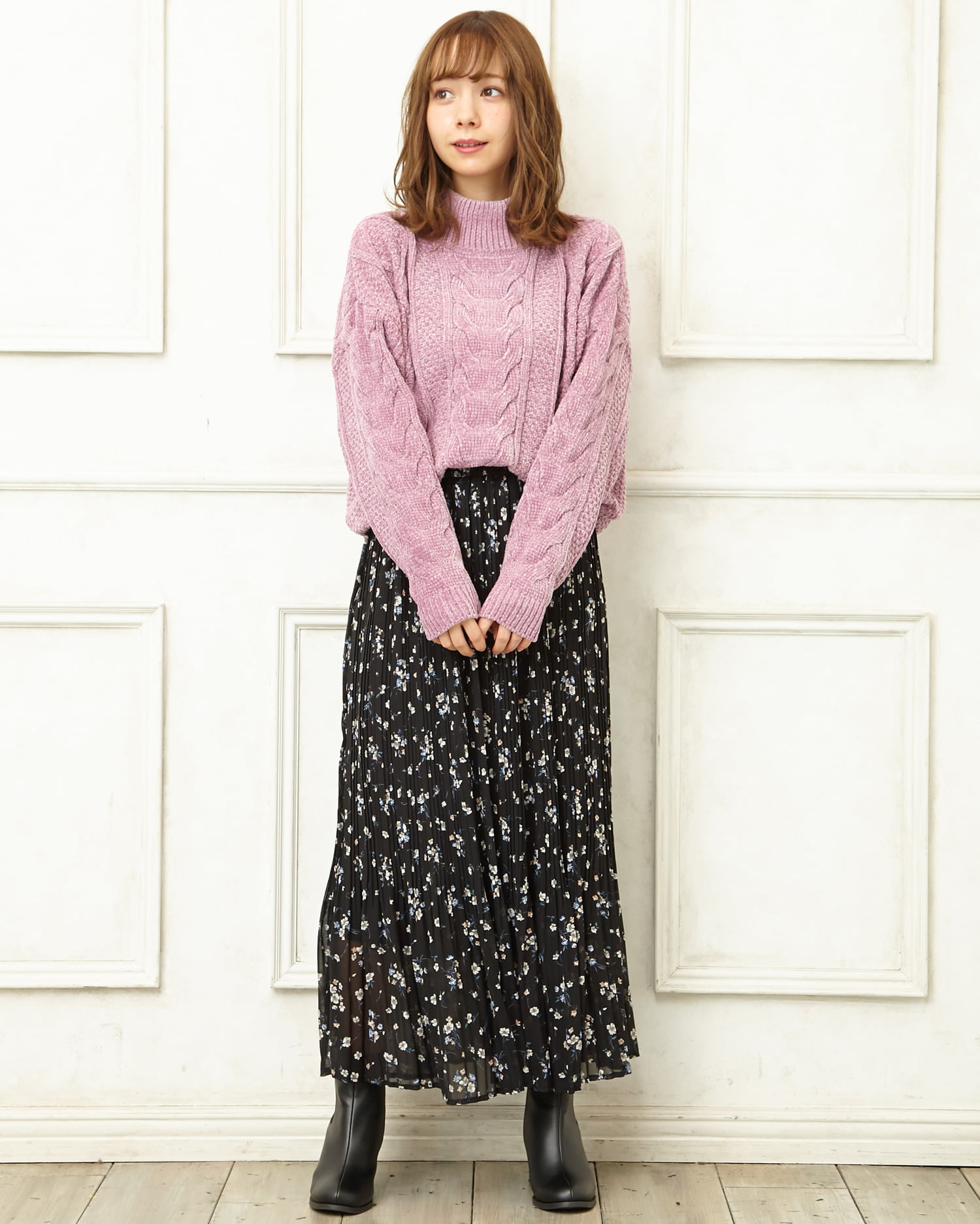 モールケーブルニット＋花柄プリーツスカート／SET｜INGNI(イング