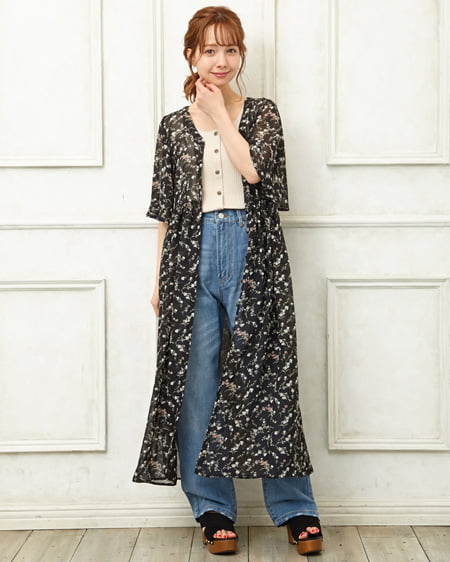 INGNI(イング) フロントボタンリブキャミ＋花柄ガウン／SET ﾍﾞｰｼﾞｭ