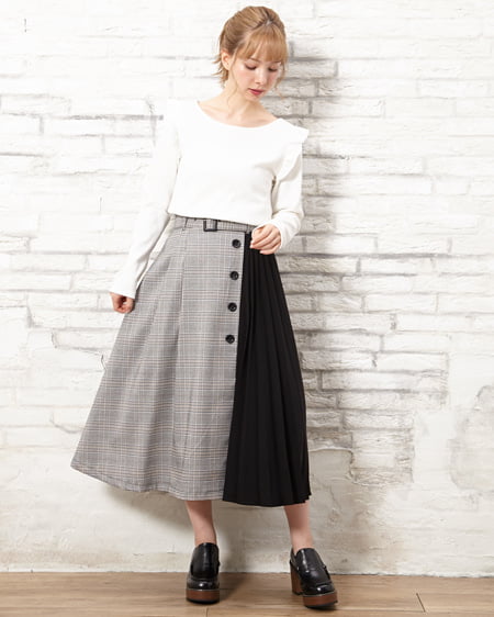 INGNI(イング) BACKリボントップス＋ベルト付チェック柄スカート／SET ｵﾌﾎﾜｲﾄ