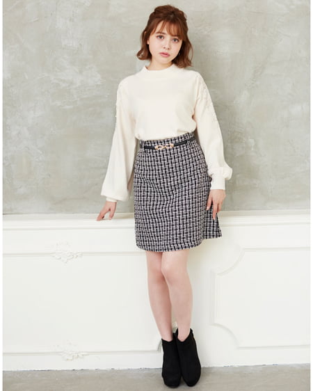 【INGNI STORE限定セット】肩パールレースニット＋ベルト付ツイードスカート／SET