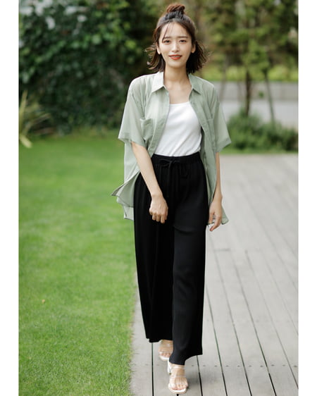 【INGNI STORE限定セット】シースルー半袖シャツ＋リブワイドパンツ／SET