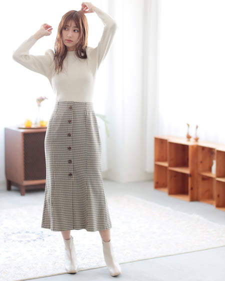 INGNI(イング) パワショルリブニット＋チェック柄マーメイドスカート／SET ｱｲﾎﾞﾘｰ/A